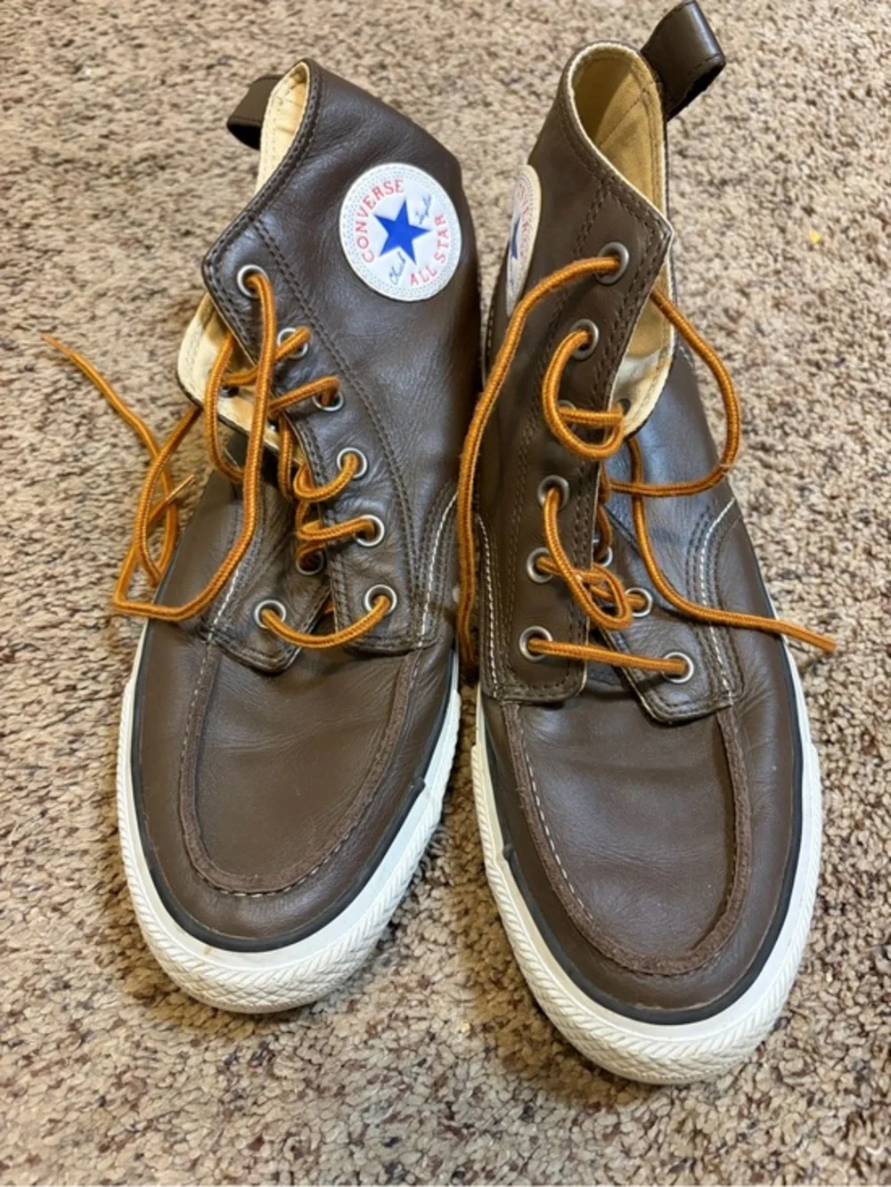 Converse Brown Leather High-Top Sneakers with Orange Laces 10 chukka